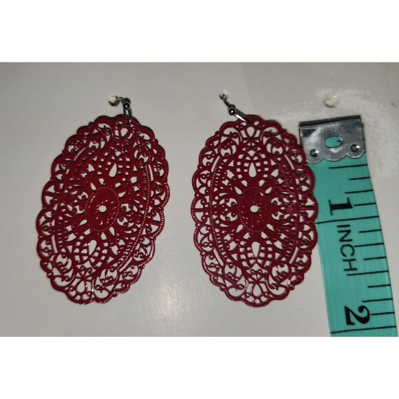 Red Filigree Dangle Earrings With Fish Hook Backs statement - Picture 3 of 4